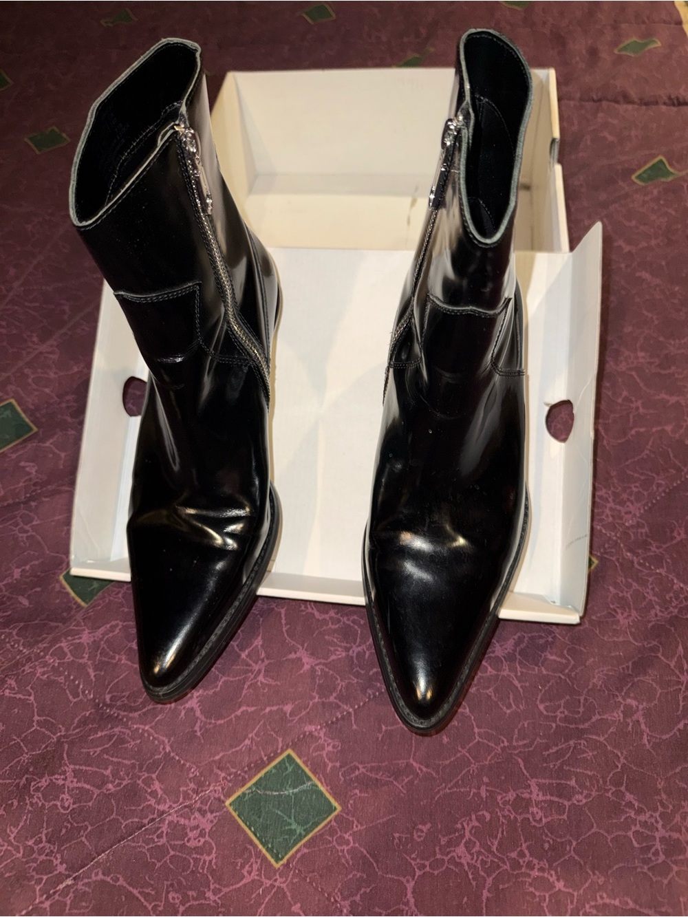 Calvin Klein Jeans Black Patent Pointed Ankle Booties with Side Zipper